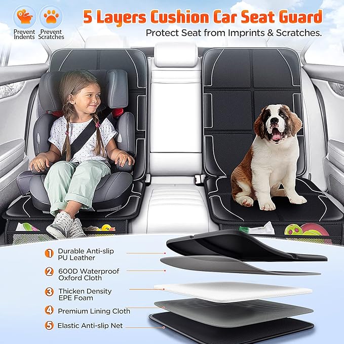 Gimars Car Seat Protector, 2 Pack, XL Thicken EPE Cushion Waterproof 600D Fabric Car Seat Cover for Child Car Seat with Nonslip Backing Mesh Pockets for Baby SUV Sedan Truck Leather Seats, Black-Gray