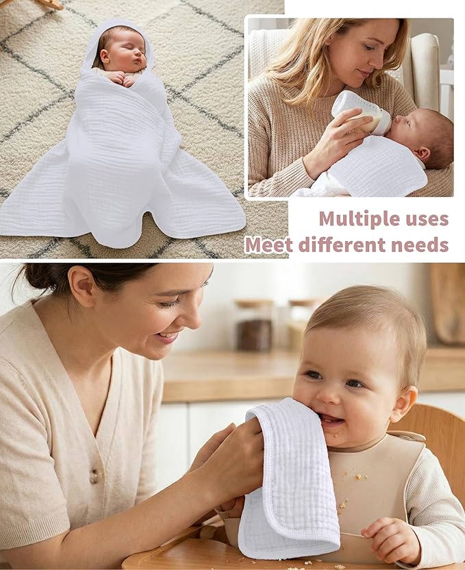 6Pcs Baby Muslin Hooded Bath Towels and Washcloths,32"x 32" Muslin Cotton Hooded Baby Towels for Newborn Shower