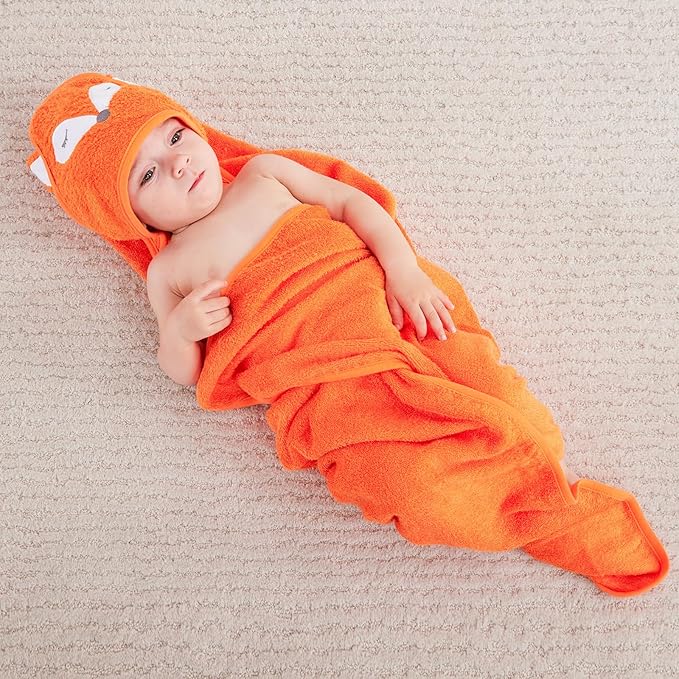 Touchat Hooded Baby Towels, Soft and Hypoallergenic Baby Bath Towels with Hood for Toddler Infant Newborn, Large and Absorbent Toddler Towels for Baby Boy Girl (Fox Kit, 35.1''x35.1'')
