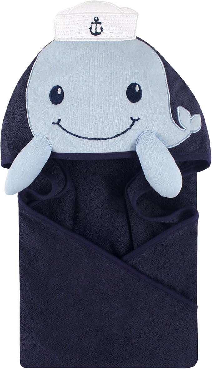 Little Treasure Unisex Baby Cotton Animal Face Hooded Towel, Sailor Whale, One Size