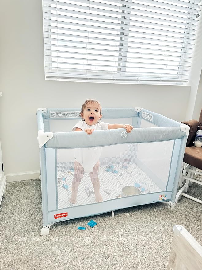 Fisher-Price Play All Day Portable Playard, ASTM Certified, Ideal for Babies & Toddler, One-Hand Fold, Breathable Mesh, Travel Playard with Carry Bag, Easy to Clean - Moonmist