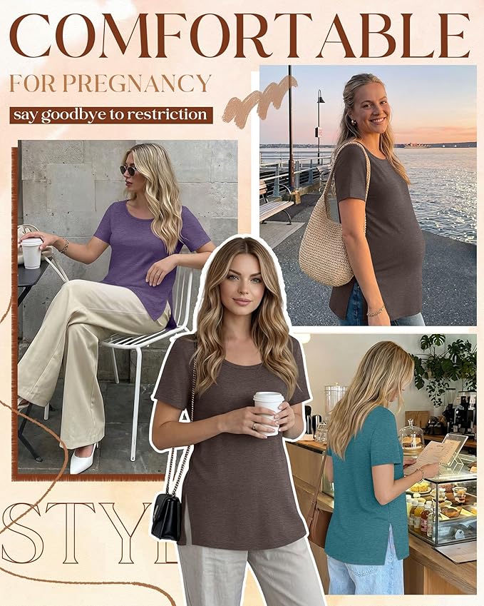 3 Pack Women's Maternity Shirts Short Sleeve Round Neck Side Split Pregnancy Tops Loose Summer Casual Mama Clothes
