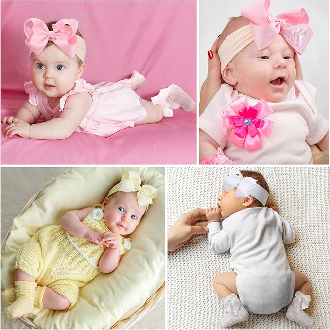 JATEBI Baby Girls Big Bow Headband and Knee High Socks Cute Bows Lace Soft Super Elastic Headband for Baby Girls Newborn Infant Toddlers