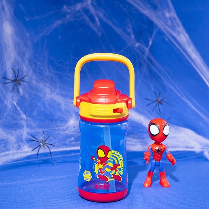 Zak Designs Marvel Spider-Man Beacon Kid Water Bottle for Travel, 12oz Plastic is Durable and Leak-Proof with Liquid Lock Spout, Cover, Carry Handle, Protective Base (Spidey and His Amazing Friends)