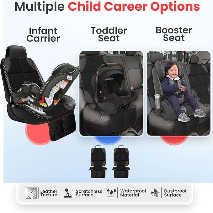 Car Seat Protector for Child Car Seat, 2 Pack Waterproof 600D Carseat Cover for Baby/Pets with Non-Slip Backing, Thick Padding, Mesh Pockets - Leather Seat Protector for Cars, SUV, Truck (Black)