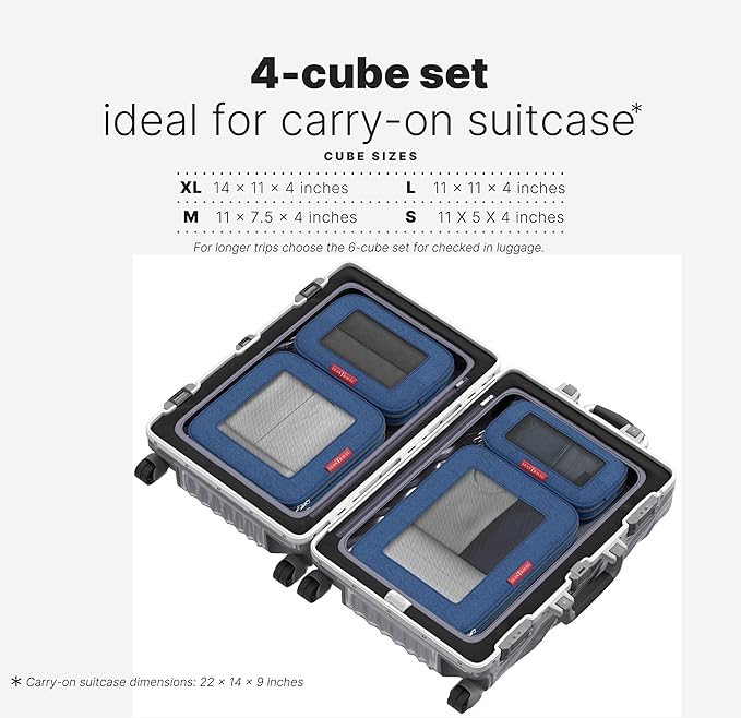LeanTravel Premium Compression Packing Cubes for Travel - Luggage Organizers with Double Zipper - Sturdy Bags for Suitcase (4-Pack, Navy Blue)