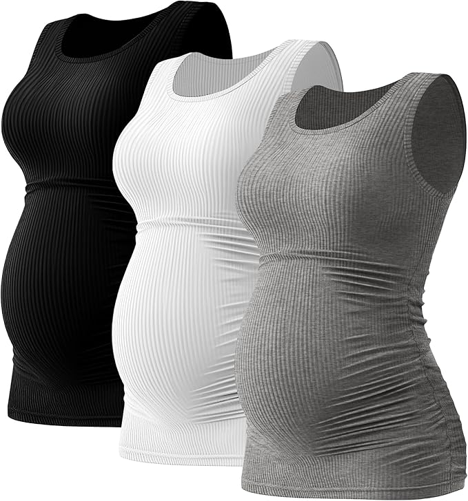Riyiper 3 Pack Women's Maternity Tank Tops, Sleeveless Cotton Pregnancy Shirts Ribbed Knit Sides Ruched Basic Mama Clothes