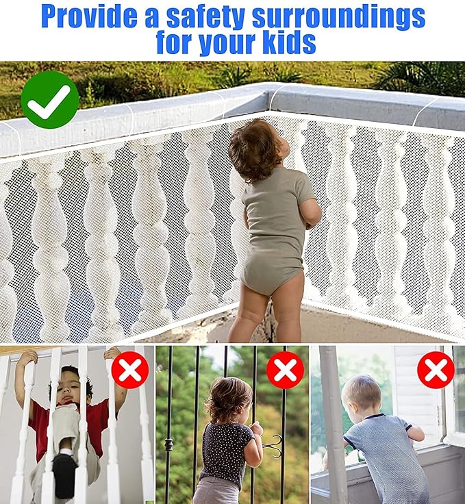 Stairway Net - Baby Safety Rail – Balcony Railing Guard -10ft L x 2.6ft H Banister Proofing Stair for Child, Small pet,Toy- Indoor & Outdoor(White)