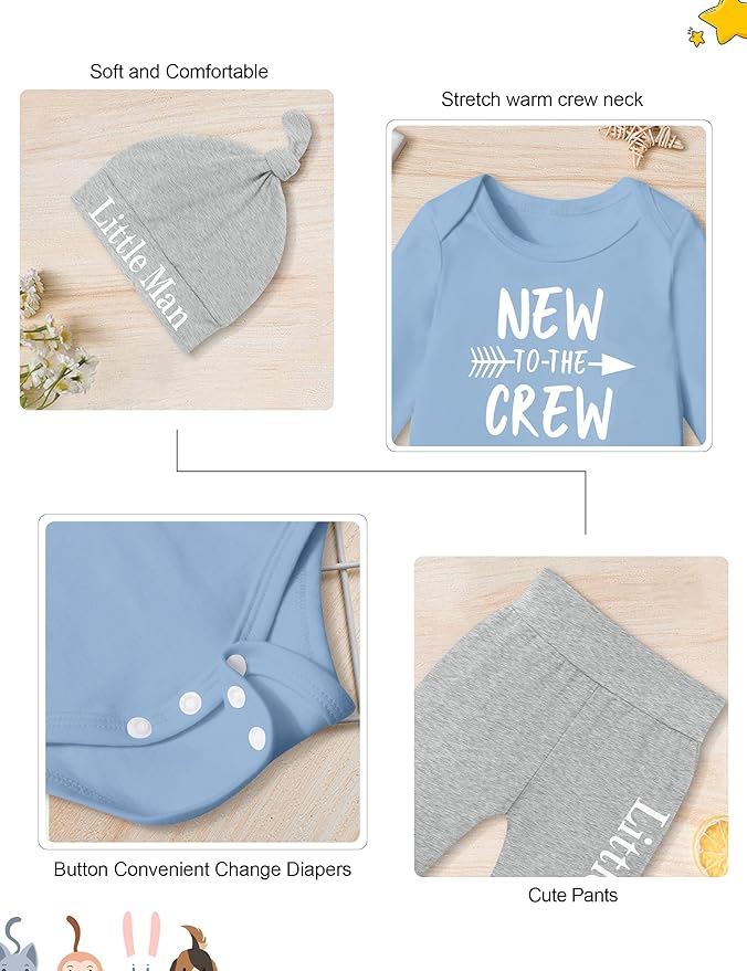 Fommy Newborn Baby Boy Clothes New to The Crew Letter Print Romper+ Pants+Hat 3PCS Outfit