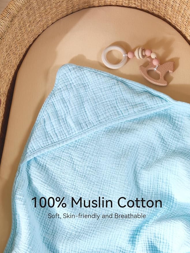 TILLYOU Muslin Hooded Baby Towels for Newborn 2 Pack, 32x32Inch Soft Baby Bath Towel Highly Absorbent for Newborn and Infant, Essential for Newborn Care, Light Pink and Blue