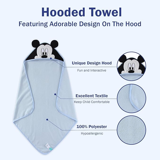 Disney Baby Boys Mickey Mouse Hooded Bath Towel with 3 Washcloths Set for Newborn and Infants