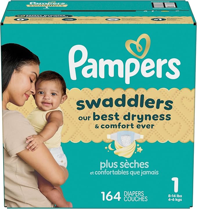 Pampers Swaddlers Diapers, Size 1 (8-14 lbs), 164 Count, Absorbent, Keeps Baby Dry and Comfortable, Skin Safe Disposable Baby Diaper