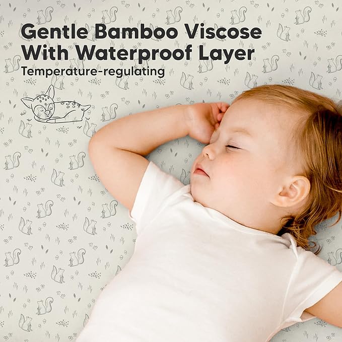 2-Pack Waterproof Pack and Play Sheets, Mini Crib Sheets Fitted for Boy, Girl - 38 x 26 Viscose from Bamboo Pack N Play Mattress Sheets for Graco, Toddler Playard Baby Crib Sheets Neutral(Pine Grove)