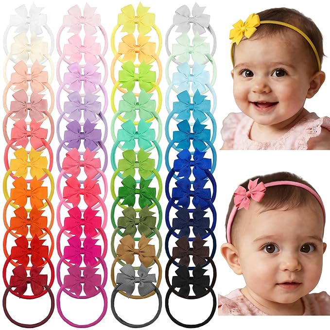 JOYOYO 40pcs Mini Baby Girls Grosgrain Ribbon Hair Bows Headbands 2" Hairband Hair Accessories for Baby Girl Infants Newborn and Toddler