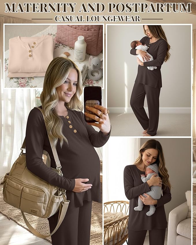 2 Piece Thermal Maternity Lounge Set Postpartum Pregnancy Fleece Loungewear Long Sleeve Top and Wide Leg Pant