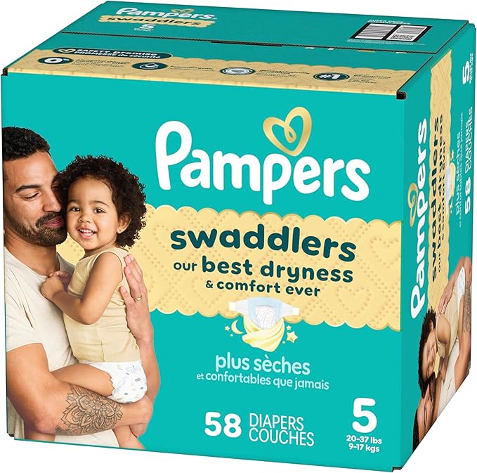 Pampers Swaddlers Diapers, Size 5 (20-37 lbs), 58 Count, Absorbent, Keeps Baby Dry and Comfortable, Skin Safe Disposable Baby Diaper (Packaging May Vary)
