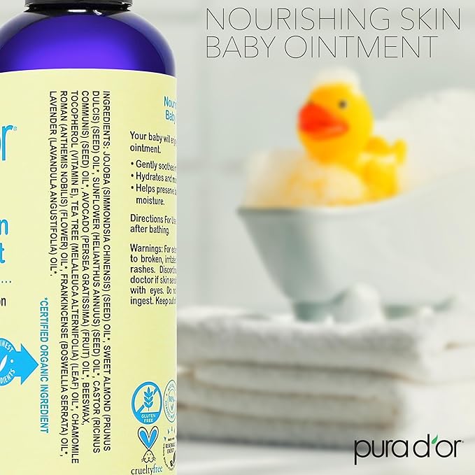 PURA D'OR 8 Oz Nourishing Skin Baby Ointment – Gentle Moisturizing Balm for Sensitive Skin, Diaper Area Protection & Soothing Hydration, Fragrance-Free, Vegan & Hypoallergenic