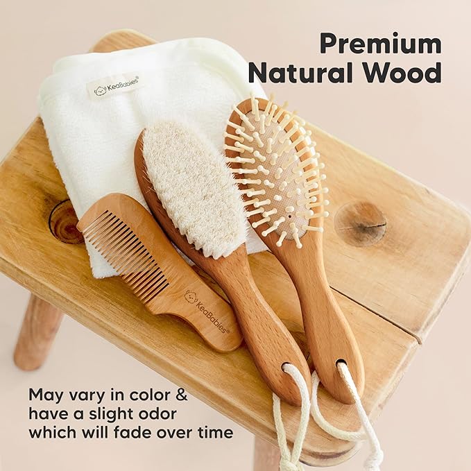 Baby Hair Brush Set for Newborns - Soft Goat Bristle Wooden Baby Brush and Comb Set Newborn Grooming Kit for Cradle Cap, Durable & Gentle, Boy, Girl Infant Essentials Care Kit (Oval, Golden Oak)