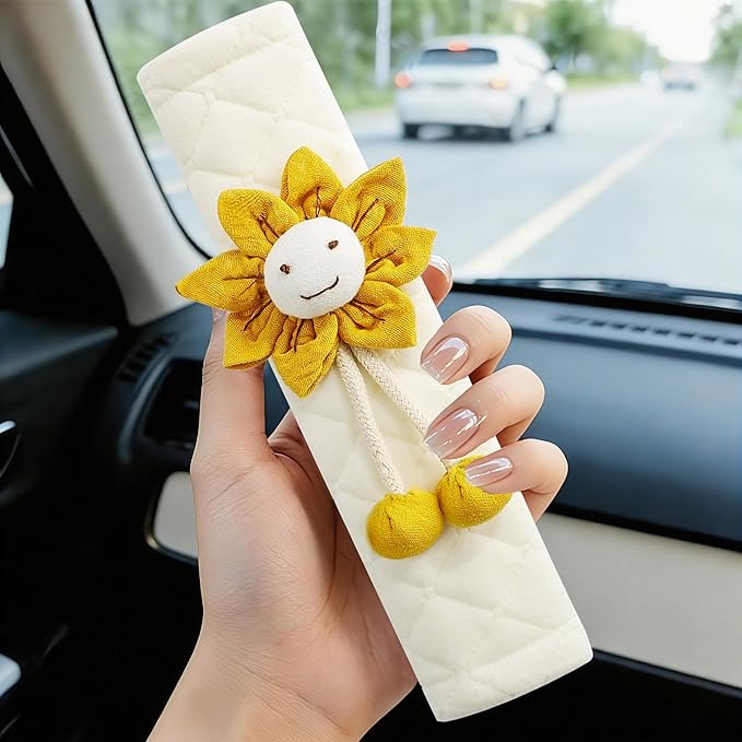 Amooca Soft Auto Seat Belt Cover Seatbelt Shoulder Pad Cushions 2 PCS for a More Comfortable Driving Universal Fit for All Cars and Backpack Off-White Orange Sunflower