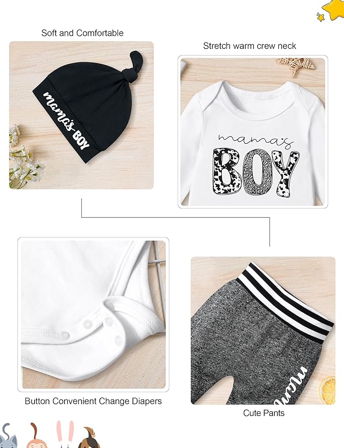 Fommy Newborn Baby Boy Clothes New to The Crew Letter Print Romper+ Pants+Hat 3PCS Outfit