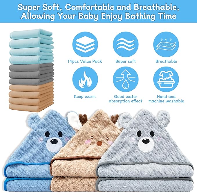 14 PCS Thicken Baby Towels Set, 3 PCS Soft Hooded Baby Towels & 11 PCS Washcloths, Baby Bath Towels for Newborns, Infants & Toddlers, Ultra Absorbent, Cute Baby Towel Gift for Boys
