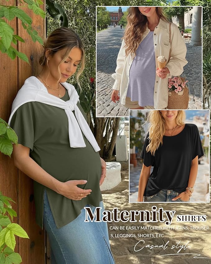 Riyiper 3 Pack Women's Maternity Tunic Shirts Cotton Summer Pregnancy Clothes Loose Oversized Split Side Blouse Tops