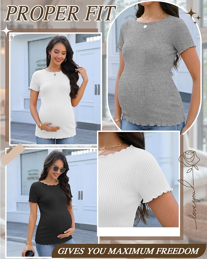3 Pack Women's Maternity Ribbed Shirts Cotton Short Sleeve Pregnancy Tops Boat Neck Lettuce Trim Mama Clothes