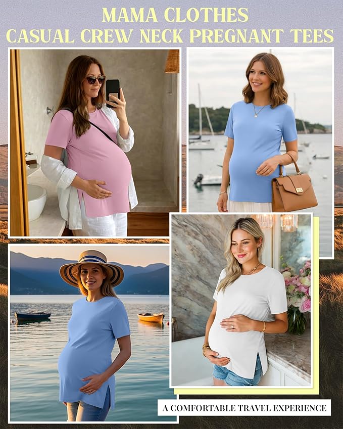 Ficerd 3 Pack Women's Maternity T Shirts, Short Sleeve Side Split Pregnancy Tops Casual Crew Neck Pregnant Tees Mama Clothes