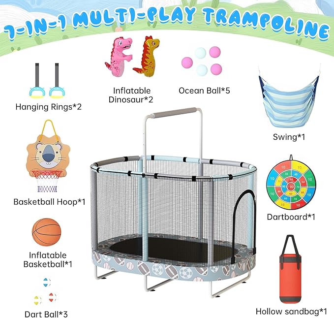 LAMERGE 55" 7-in-1 Round Trampoline for Kids Boys & Girls Ages 1-8, Indoor & Outdoor Trampoline for Fun, Adjustable Height Handrail ＆ Enclosed Safety Net ＆ Durable Designs for Toddlers Children