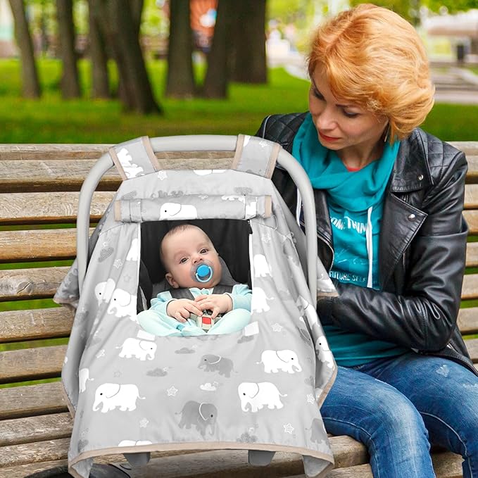 Baby Carseat Seat Cover Boys, Winter Carseat Canopy, Cozy & Warm Cover with Zipper Peep Windows, Infant Minky Carrier Cover, Soft Breathable, Baby Must Have, Grey Elephant