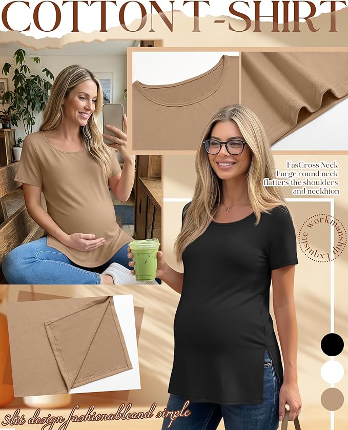 3 Pack Women's Maternity Shirts Short Sleeve Round Neck Side Split Pregnancy Tops Loose Summer Casual Mama Clothes