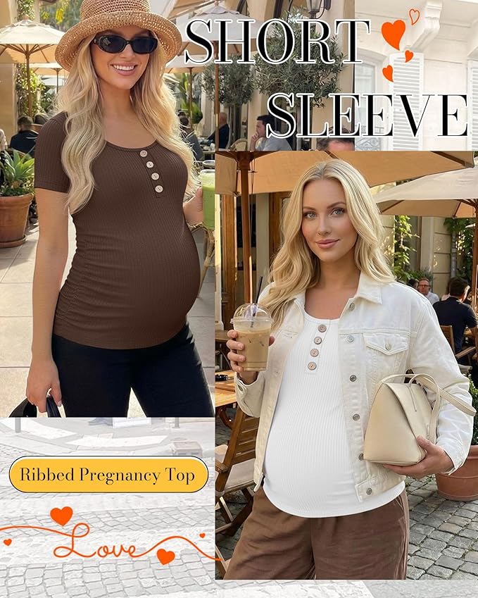 4 Pack Womens Maternity Shirts Scoop Neck Cotton Short Sleeve Ribbed Pregnancy Top Henley Side Ruched Mama Clothes