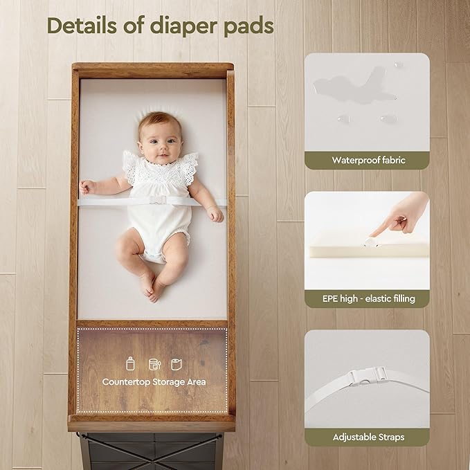 Baby Changing Table with 9 Fabric Drawers, Waterproof Diaper Changing Station & Pad, Mobile Nursery Diaper Changing Table, Baby Furniture, Bedroom, Rustic Brown