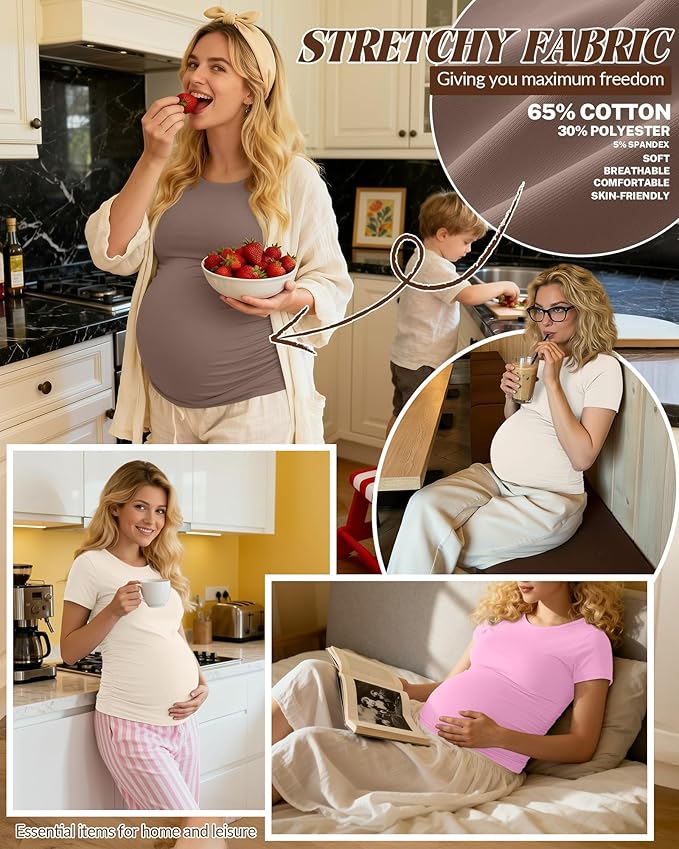 Huukeay 4 Pack Women's Maternity Shirts, Crew Neck Maternity Top Short Sleeve Casual Cotton Tee Side Ruched Pregnancy Clothes