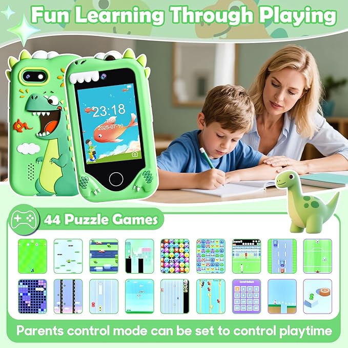 Kids Smart Phone for Boys, Dinosaur 2.8“ Touchscreen Toy Phones Christmas Birthday Gift for Boy Ages 3-9, Toddler Play Learning Cell Phone with Dual Camera, Game, MP3 Player, 32GB Card, Green