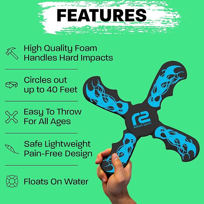 Refresh Sports Boomerang for Kids & Adults - Soft, Durable, Easy to Throw & Catch - Ages 4-8 - Outdoor, Beach, Pool Play - Jet Black