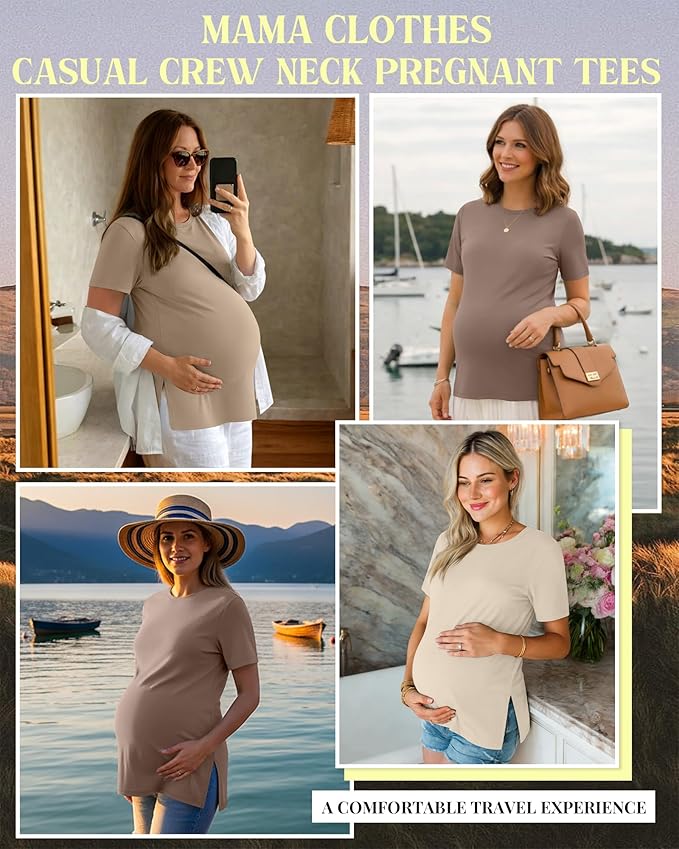 Ficerd 3 Pack Women's Maternity T Shirts, Short Sleeve Side Split Pregnancy Tops Casual Crew Neck Pregnant Tees Mama Clothes