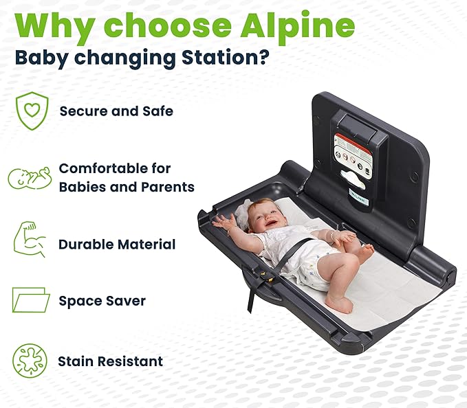 Alpine Wall Mounted Baby Changing Station - Horizontal Baby Changing Table Foldable Diaper Tables with Safety Strap for Commercial Bathroom, ADA Complaint (Hardware Included) Black