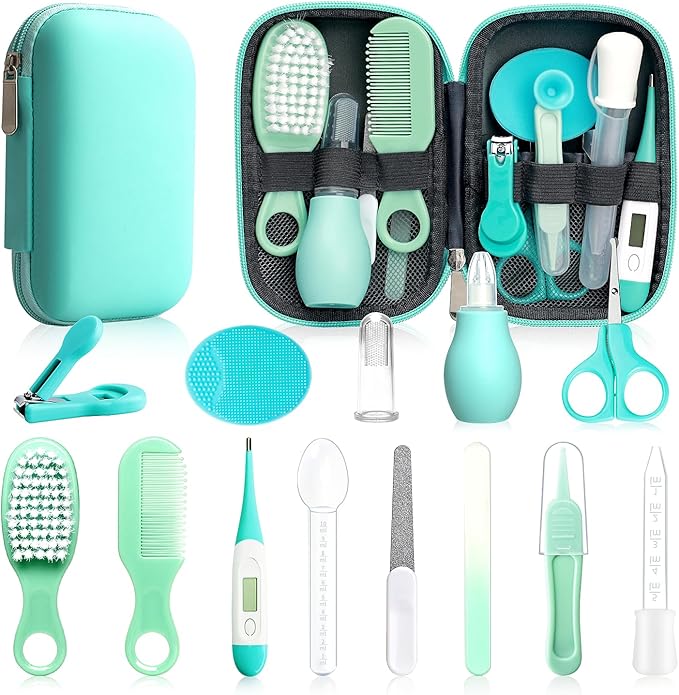Baby Healthcare and Grooming Kit, 14 in 1 Baby Safety Set Newborn Nursery Health Care Set with Hair Brush Scale Nail Clippers for Baby Girls Boys(14 Kits Green)