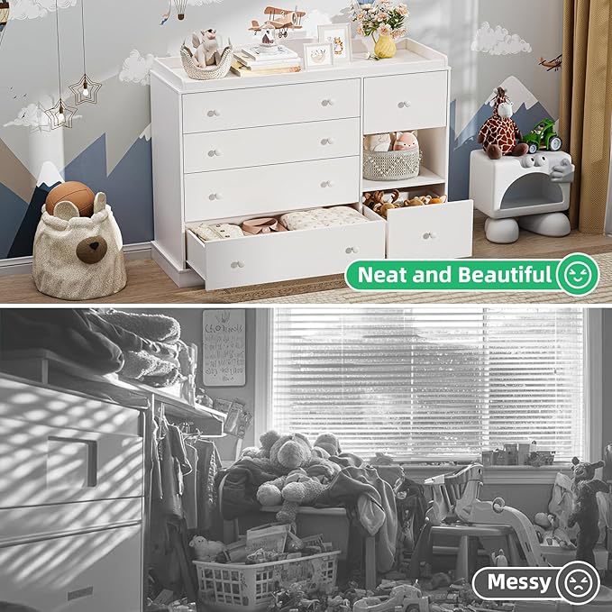 Kids Dresser Cabinet with 6 Drawers, Changing Table for Nursery with Shelf, Multi-Functional Chest of Drawers, Kids Bedroom Furniture, Nightstand for Children's Room, White