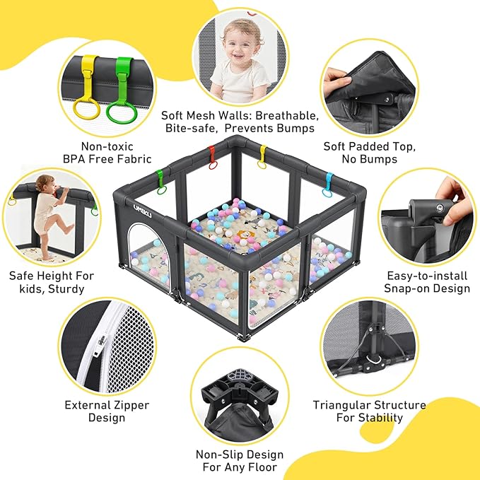Baby Playpen with Mat, Foldable Playpen for Babies and Toddlers Large Playpens 2 Doors Play Yard Indoor Outdoor Activity Center Game Fence Safety Area Play Pen for Babies 6-12 Months 50"X50" Dark Grey