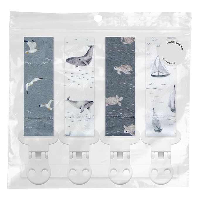 Stadela Baby Pacifier Clip Holder - Girl or Boy Unisex 4 Pack Gift Set – Nautical Blue Whales Boats Turtles (Gone Sailing)