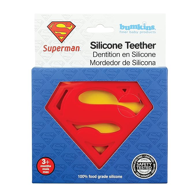 Bumkins Baby Teething Freezer Toy Keys Rings, Soft Flexible Silicone Pacifier, Safe to Chew, Cool Teether Gum Relief, Essentials for Babies 3 Months, Freezable, Sensory Textured, Superman DC Comics