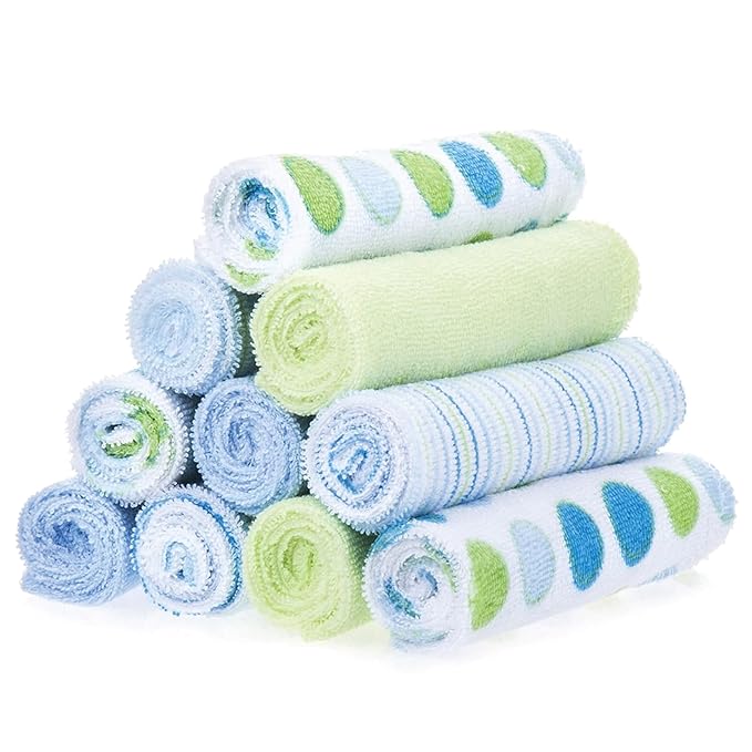 Spasilk 10-Piece Washcloth Set for Newborn Boys and Girls, Soft Terry Baby Washcloths, Baby Essentials, Blue Dots