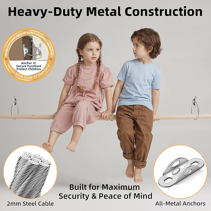 Furniture Anchors 10-Pack, Anti Tip Furniture Anchors for Baby Proofing, Extra-Strong Metal Wall Anchor Straps with Steel Cable to Secure Dresser, Bookcase, Wardrobe & Cabinet, Silver