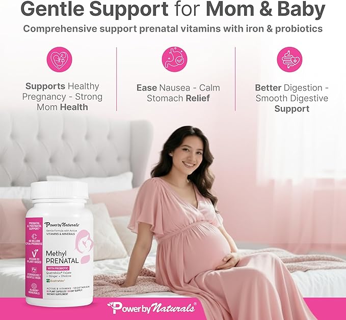 Power By Naturals Methyl Prenatal with Probiotics – Prenatal Vitamins for Women with Iron, Methyl Folate, Ginger, Active B12 & 27+ Essential Nutrients, Pregnancy Supplements, 60 Vegan Capsules