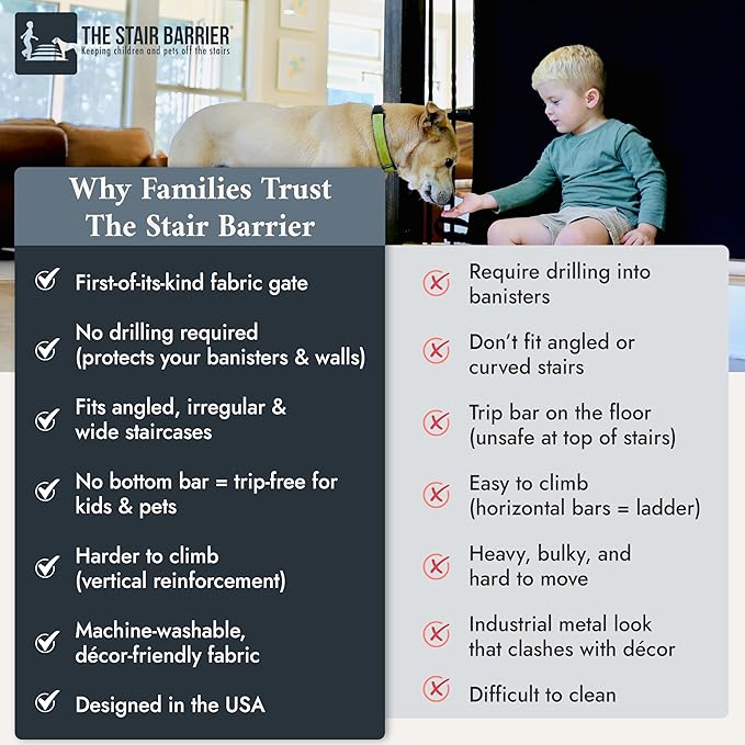 The Stair Barrier First Fabric Banister to Banister Baby Gates for Stairs 36”–42” Wide x 32” Tall– No Drill Baby Gate for Top or Bottom Staircase, Machine-Washable Climb Proof, Designed in USA, Black
