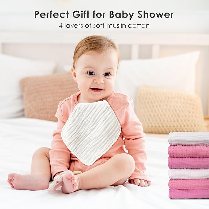 Sunny zzzZZ Baby Muslin Washcloths -100% Cotton Muslin Soft Baby Bath Wash Cloths and Absorbent Burp Cloths for Newborns Kids Girls and Boys -12 Pack, 12x12 Inches - White+Deep Sakura Series