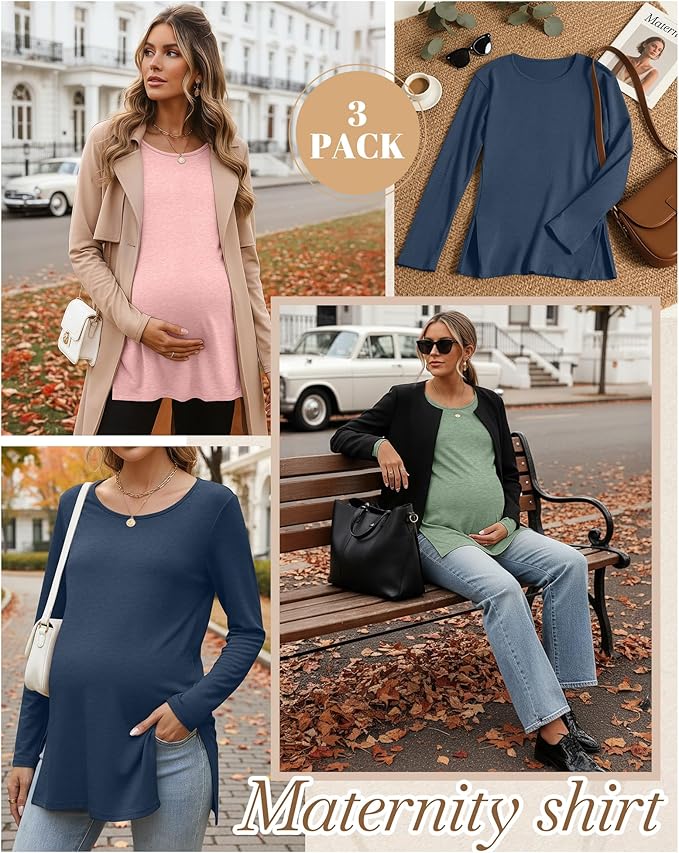 Riyiper 3 Pack Women's Maternity Long Sleeve T-Shirts Round Neck Side Split Tops Loose Casual Pregnancy Mama Clothes Fall