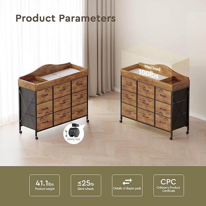 Baby Changing Table with 9 Fabric Drawers, Waterproof Diaper Changing Station & Pad, Mobile Nursery Diaper Changing Table, Baby Furniture, Bedroom, Rustic Brown